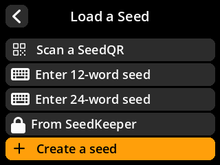 CardSigner menu with Create a seed selected