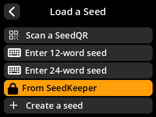 CardSigner menu with From SeedKeeper selected